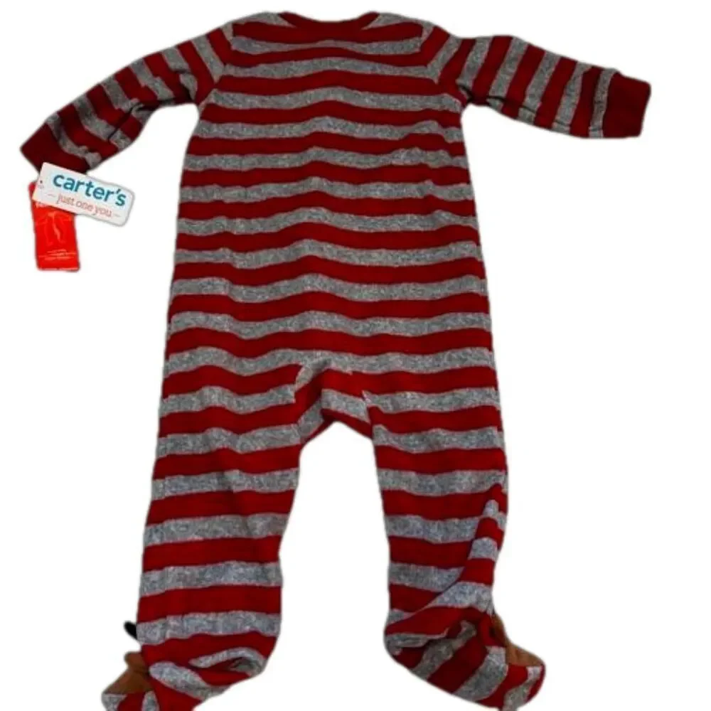 Carters Baby Striped Reindeer Footed Sleeper Onesie Two Way Zip Size 6M Red NWT
